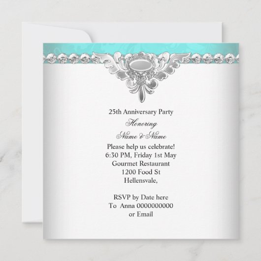 Elegant 25th Wedding Jubileum Blauwgroen Blue Whit Kaart (Achterkant)