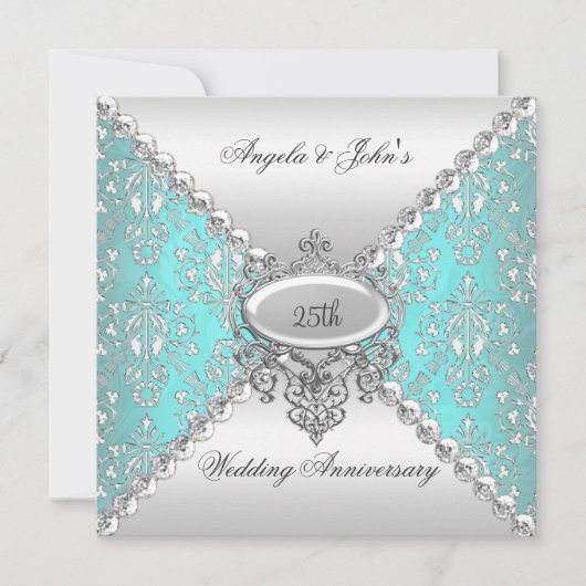Elegant 25th Wedding Jubileum Blauwgroen Blue Whit Kaart (Voorkant)