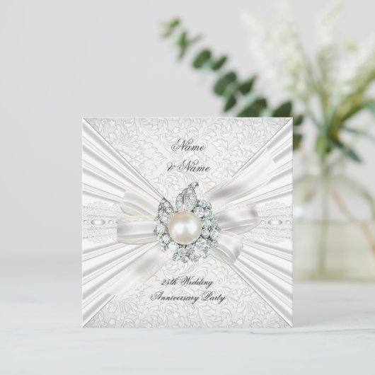 Elegant 25th Wedding Jubileum Party Lace White Kaart (Staand voorkant)