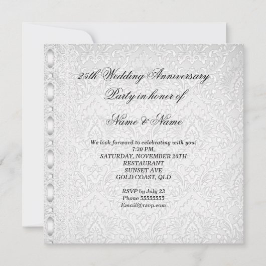 Elegant 25th Wedding Jubileum Party Lace White Kaart (Achterkant)