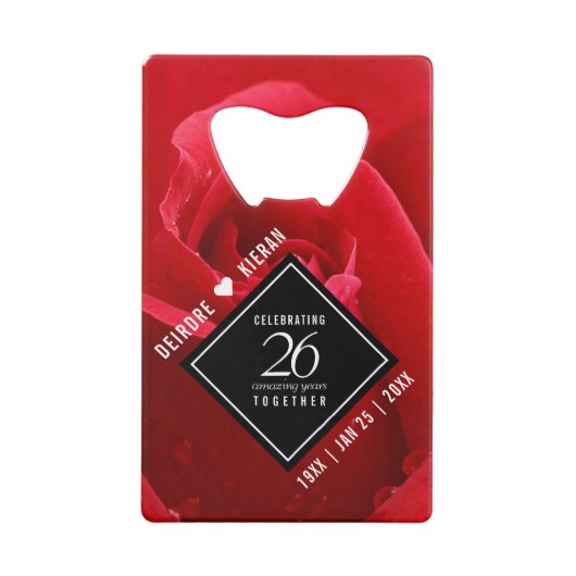 Elegant 26th Roos Wedding Jubileum Celebration Creditkaart Flessenopener (Voorkant)