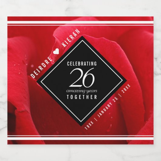 Elegant 26th Roos Wedding Jubileum Celebration Sparkling Wijnetiket (Enkel label)