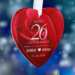 Elegant 26th Rose Wedding Anniversary Ornament<br><div class="desc">Celebrate the 26th rose wedding verjaarary with this stylish ornament! Elegant white lettering on a romantic red roze background add a memablech toch for this special gelegenheid and buitengewone milestone. Personalize met koppels namen en wedding date. Reverse shows identical design. Use is er, of we gaan terug met de foto....</div>