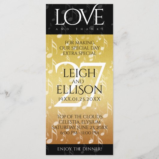 Elegant 27th Music Wedding Jubileum Celebration Menu (Achterkant)