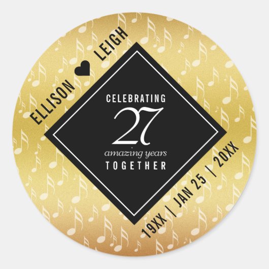 Elegant 27th Music Wedding Jubileum Celebration Ronde Sticker (Voorkant)