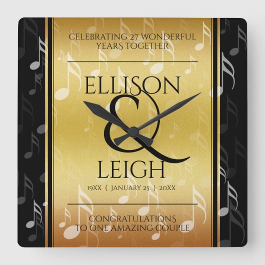 Elegant 27th Music Wedding Jubileum Celebration Vierkante Klok (Voorkant)