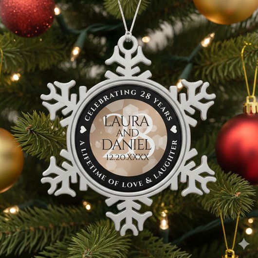 Elegant 28th Linen Wedding Anniversary Celebration Tin Sneeuwvlok Ornament