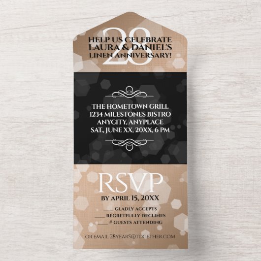 Elegant 28th Linen Wedding Jubileum Celebration All In One Uitnodiging (Binnen)