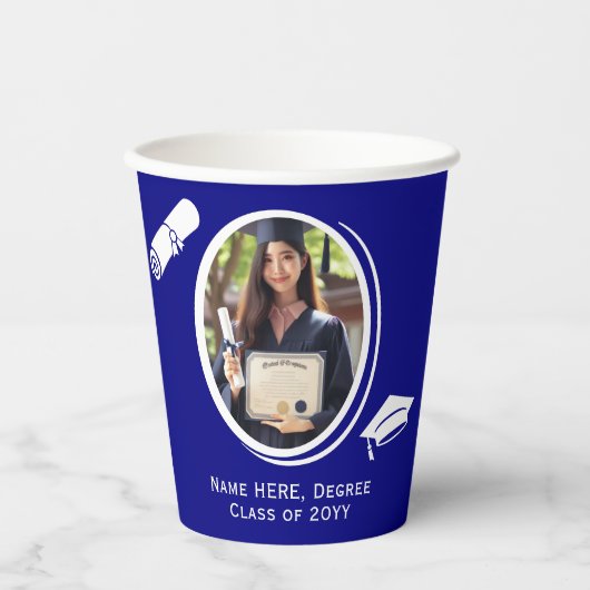 Elegant 2-foto Afstuderen Diploma Pet, Navy Blue Papieren Bekers (Voorkant)