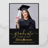 Elegant 2 foto Afstuderen Party Modern Zwart Folie Uitnodiging (Voorkant)