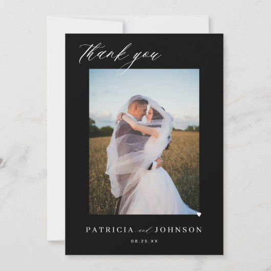 Elegant 2 foto elegant script zwart bruiloft bedankkaart (Voorkant)