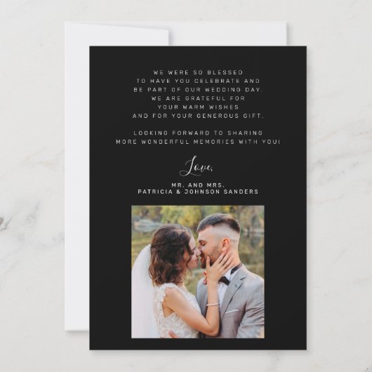 Elegant 2 foto elegant script zwart bruiloft bedankkaart (Achterkant)