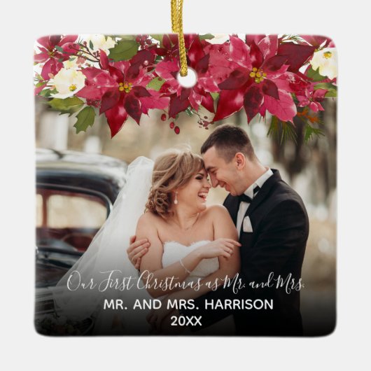 Elegant 2 Foto Floral Onze eerste Kerstmis, Mrs. Keramisch Ornament (Voorkant)