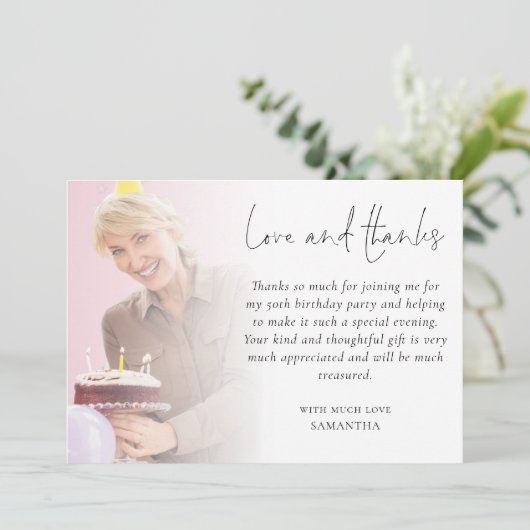 Elegant 2 foto overlay verjaardagsfeestje dank u kaart (Staand voorkant)