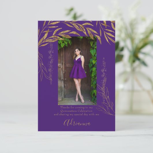 Elegant 2 foto Paarse en gouden blad Bedankkaart (Staand voorkant)