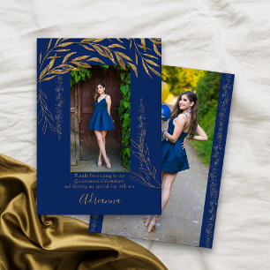 Elegant 2 foto Royal Blue en Gold Leaf Bedankkaart