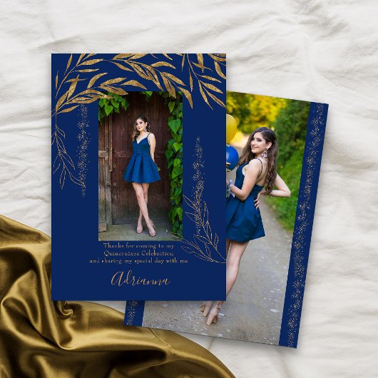 Elegant 2 foto Royal Blue en Gold Leaf Bedankkaart