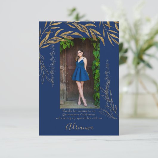 Elegant 2 foto Royal Blue en Gold Leaf Bedankkaart (Staand voorkant)