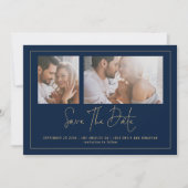 Elegant 2 Foto's Gold Navy Blue Wedding Save The Date (Voorkant)