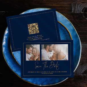 Elegant 2 Foto's Gold Navy Blue Wedding Save The Date