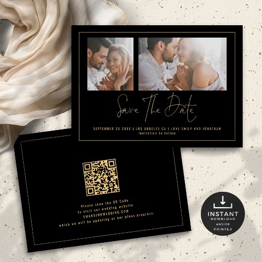 Elegant 2 foto's Goud Zwart Bruiloft Save The Date