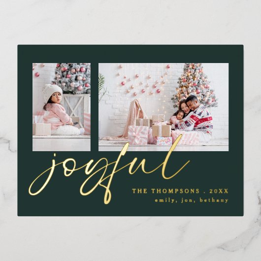 Elegant 2 Fotoscript Joyful Christmas Green Folie Feestdagen Briefkaart (Voorkant)