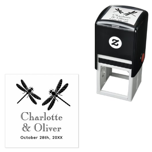 Elegant 2 libellen paar namen datum monogram zelfinktende stempel (In situ)