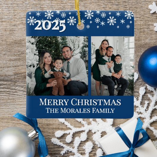 Elegant 2 Photo Blue Keepsake Family Photo Keramisch Ornament