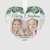 Elegant 2 Photo Holly Greenery Merry Christmas Ornament (voorkant)