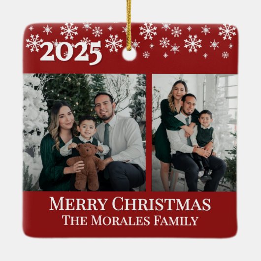 Elegant 2 Photo Red Keepsake Family Photo Keramisch Ornament (Achterkant)