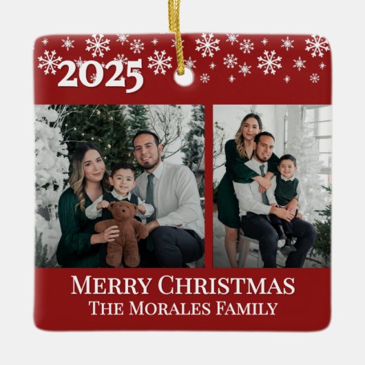 Elegant 2 Photo Red Keepsake Family Photo Keramisch Ornament (Voorkant)