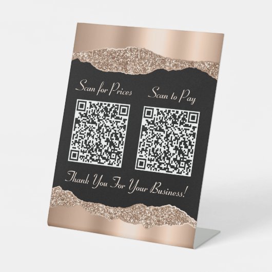 Elegant 2 QR-codes Roos Gold Glitter Black Reclamebord Met Voetstuk (Voorkant)