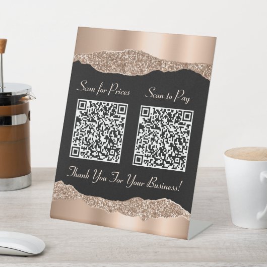 Elegant 2 QR-codes Roos Gold Glitter Black Reclamebord Met Voetstuk (Insitu)