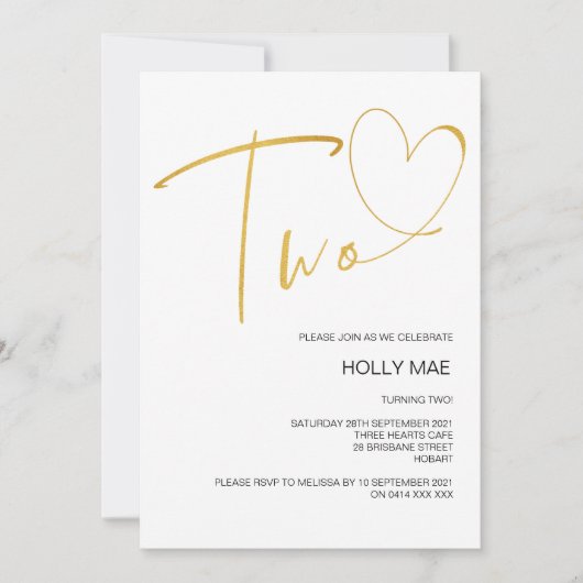 Elegant 2e verjaardag Uitnodiging twee hartgoud (Voorkant)