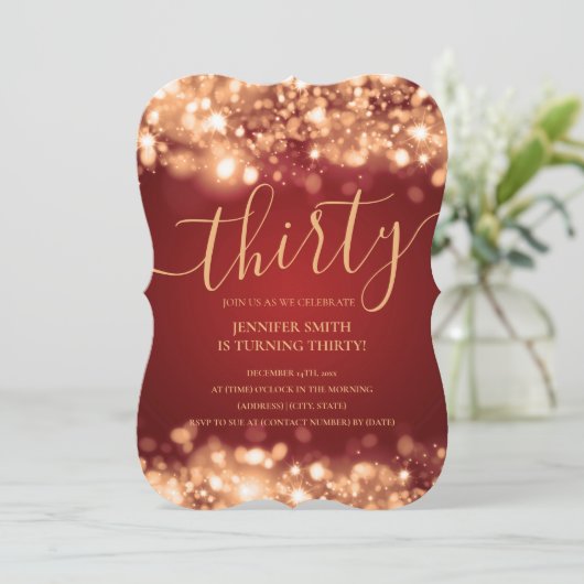 Elegant 30e verjaardag Gold en rood glam licht Kaart (Staand voorkant)