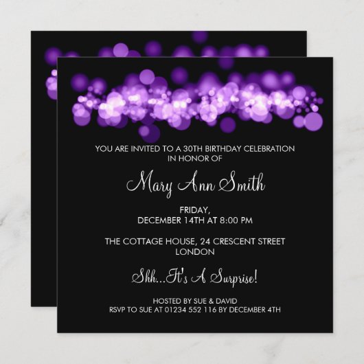 Elegant 30e verjaardag Paarse Bokeh-lichten Kaart (Voorkant / Achterkant)
