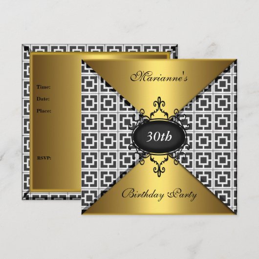 Elegant 30th Birthday Black White en Gold Kaart (Voorkant / Achterkant)