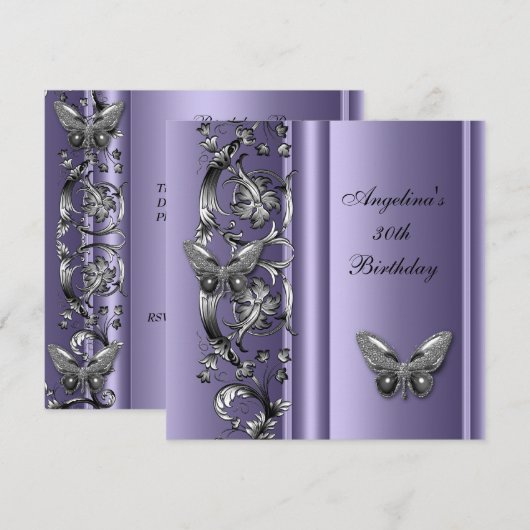 Elegant 30th Birthday Butterfly MauveSilver Floral Kaart (Voorkant / Achterkant)