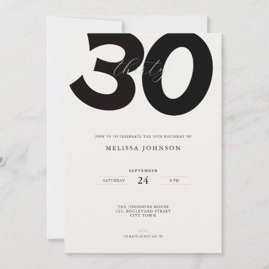 Elegant 30th Birthday Invitation - Minimal Style Kaart (Voorkant)