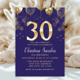 Elegant 30th Birthday Invitation with Gold Ballons Kaart