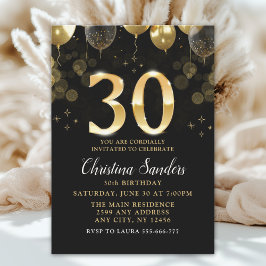 Elegant 30th Birthday Invitation with Gold Ballons Kaart
