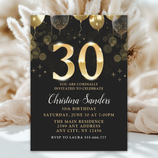 Elegant 30th Birthday Invitation with Gold Ballons Kaart