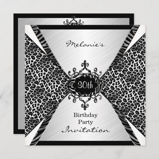 Elegant 30th Birthday Leopard Zebra Black White Kaart (Voorkant / Achterkant)