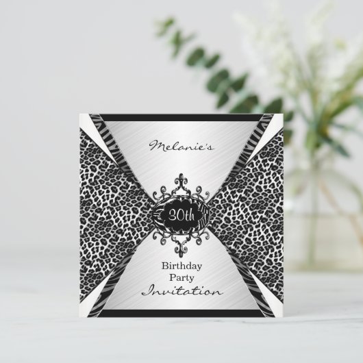 Elegant 30th Birthday Leopard Zebra Black White Kaart (Staand voorkant)