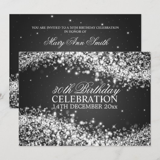 Elegant 30th Birthday Party Sparging Wave Black Kaart (Voorkant / Achterkant)
