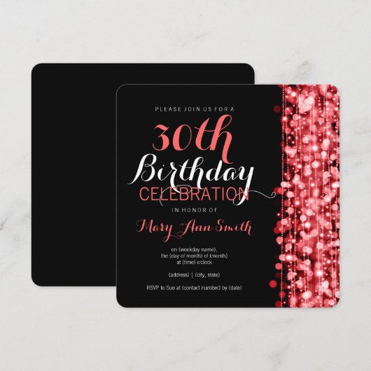 Elegant 30th Birthday Party Sparkles Red Kaart (Voorkant / Achterkant)