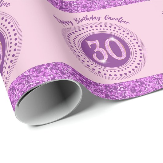 Elegant 30th Birthday Pink Glitter with Stripes Cadeaupapier (Rol Hoek)