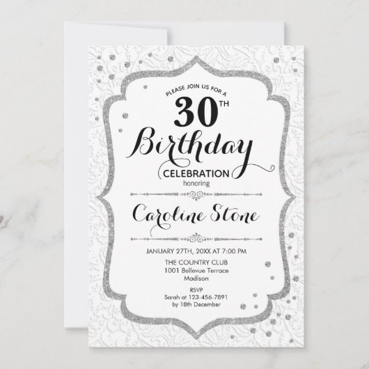 Elegant 30th Birthday - Silver White Invitation Kaart (Voorkant)