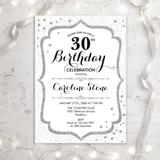 Elegant 30th Birthday - Silver White Invitation Kaart
