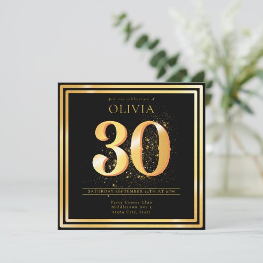 Elegant 30th Gold Black Birthday Invitation Kaart (Staand voorkant)